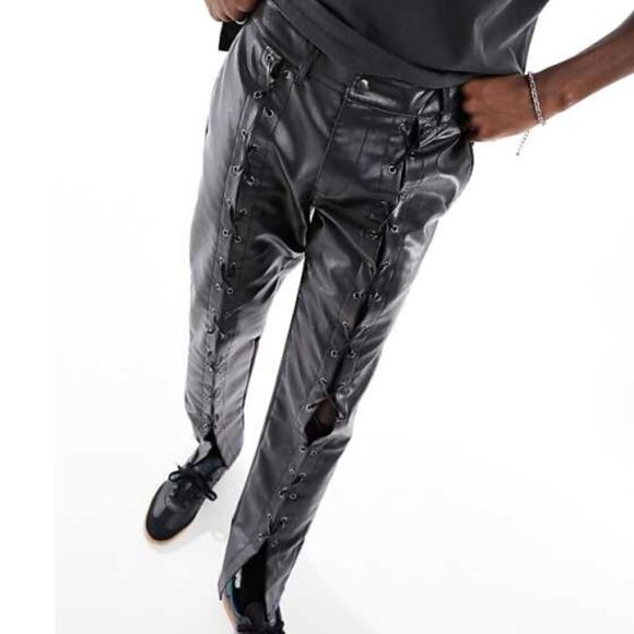 ASOS Slim Vegan Leather Front Lace Up Black Pants SZ 36x32 - Picture 3 of 7